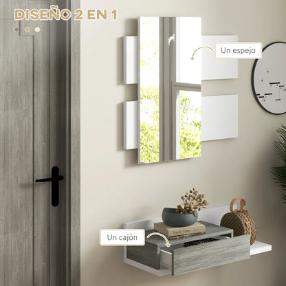 HOMCOM Flureinrichtungsset mit Spiegel und Schublade, Wandmontage, Moderner Stil 75x3,5x75 cm und 75x30,5x20 cm Grau und Weiß