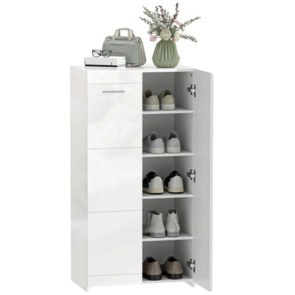 HOMCOM Schuhschrank, 2-türig, 5 Ablagen, verstellbare Einlegeböden, fasst 10 Paar, Hochglanzweiß, 55 x 36 x 108 cm