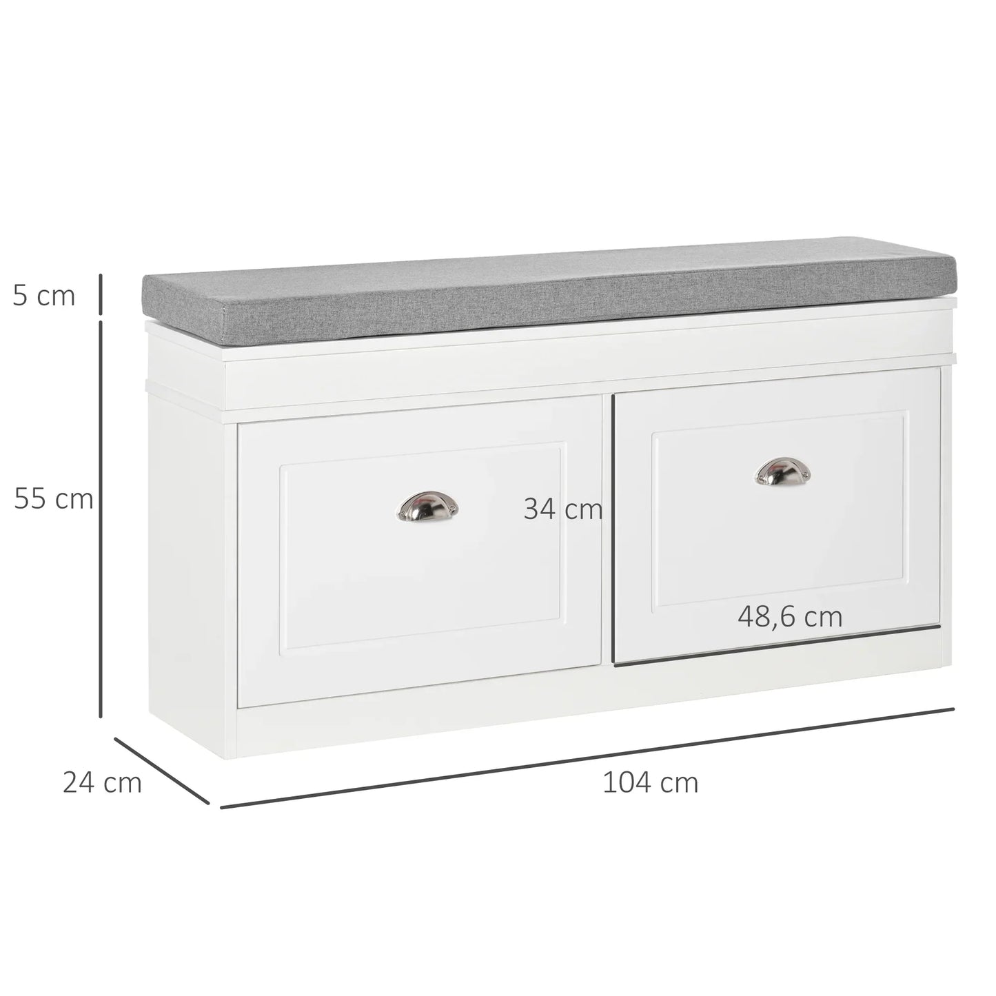 HOMCOM Schuhbank Schuhaufbewahrung für 8 Paare Schuhe mit 2 Schubladen, verstellbaren Regalen und gepolstertem Sitzkissen für Eingangsbereich Flur 104x24x55 cm Weiß