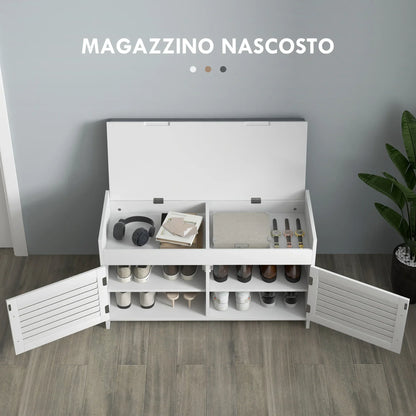 HOMCOM Schuhbank mit verstellbarem Innenregal in 3 Höhen, schlanke Schuhbank aus MDF mit Leinenbezug, 90x36x50 cm, Weiß und Grau