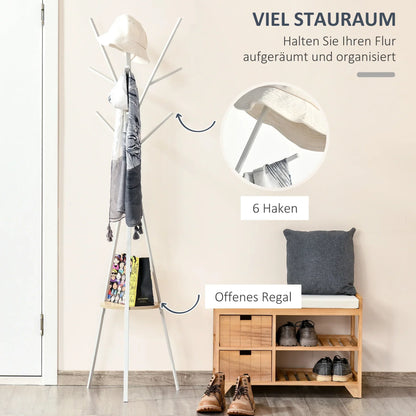 HOMCOM Garderobe, Hutständer mit 8 Haken, Kleiderständer mit Ablage, Stehkleiderschrank für Kleidung, Hüte, Taschen, Metall, Weiß, 45 x 45 x 180 cm