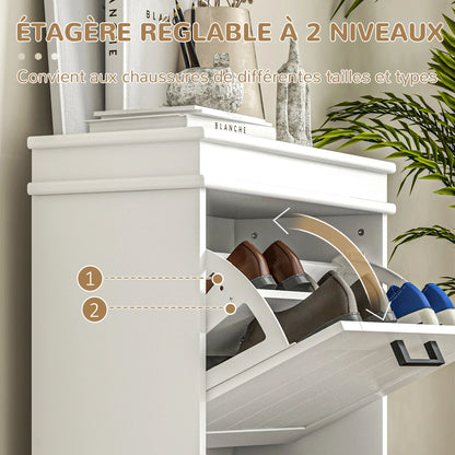 HOMCOM Schuhschrank, Schuhregal, 2 Klapptüren, verstellbare Regale, für Eingangsbereich, Flur, 54 x 24 x 82,5 cm, Weiß