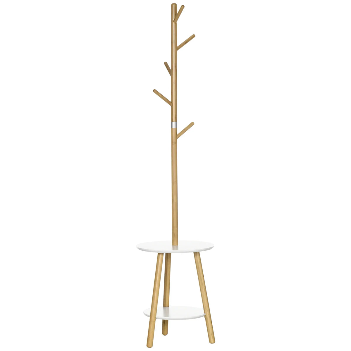 HOMCOM 2-in-1 Bambus Kleiderständer Baum mit 2 Ablagen und 5 Haken für Kleidung und Taschen, Aluminiumrahmen für Eingangsbereich und Schlafzimmer, 39,5x39,5x171 cm Natur