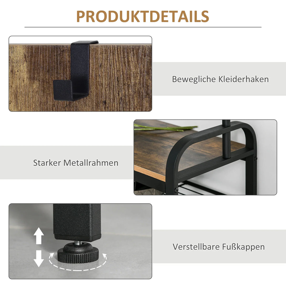 HOMCOM Kleiderständer Schuhregal mit 8 Haken und 2 Ablagen MDF Schwarz 72,8 x 34 x 182 cm