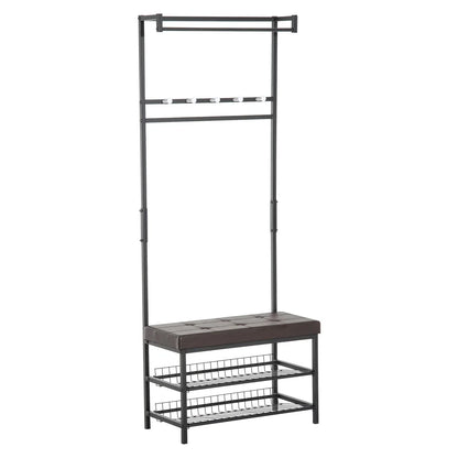 HOMCOM Kleiderständer mit 5 Haken und Schuhbank mit 2 Ebenen, Metallkleiderständer für Flur, Schlafzimmer, 72,5 x 35 x 180 cm
