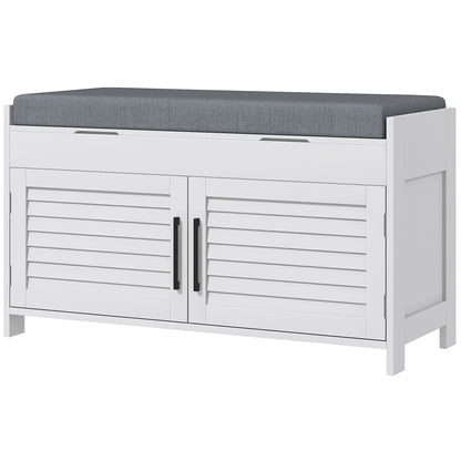 HOMCOM Schuhbank mit verstellbarem Innenregal in 3 Höhen, schlanke Schuhbank aus MDF mit Leinenbezug, 90x36x50 cm, Weiß und Grau