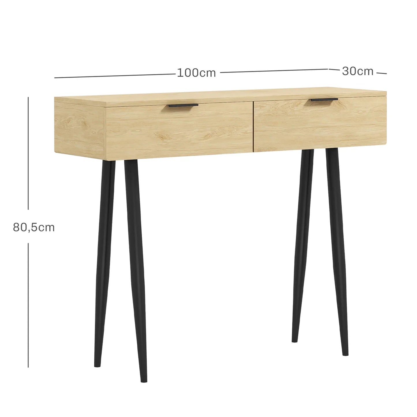 HOMCOM Konsolentisch für den Eingangsbereich mit 2 Schubladen und Stahlbeinen, 100x30x80,5 cm, Eiche