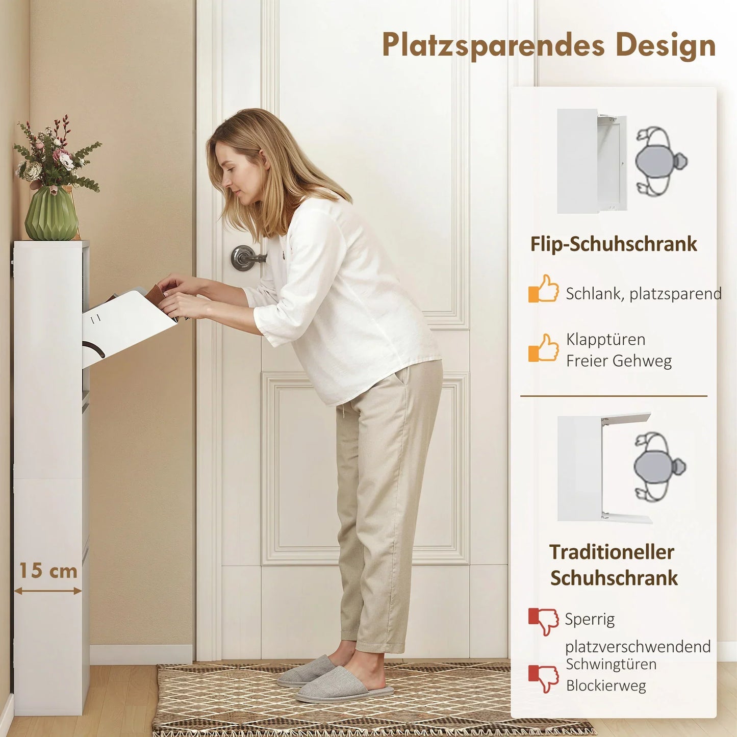 HOMCOM Metall-Schuhschrank mit 3 Klappen — schlanker wandmontierter Schuhschrank für 6 Paar, 55 x 15 x 105,5 cm, Weiß