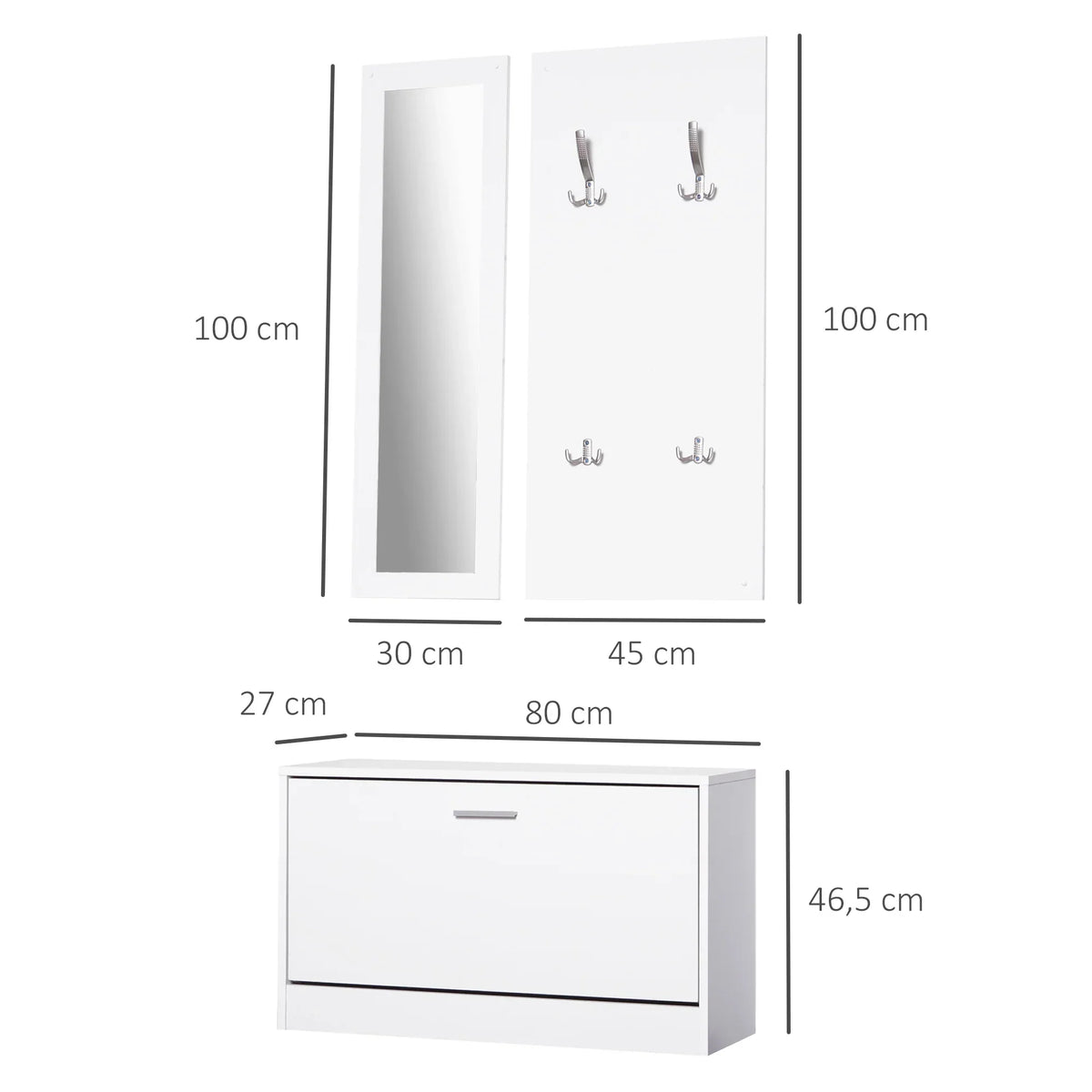 HOMCOM Möbelset für den Eingangsbereich 3-teiliges Schuhschrank-Spiegel-Garderobe mit 4 Haken zum Aufhängen von Kleidung 80x27x46,5 cm Weiß