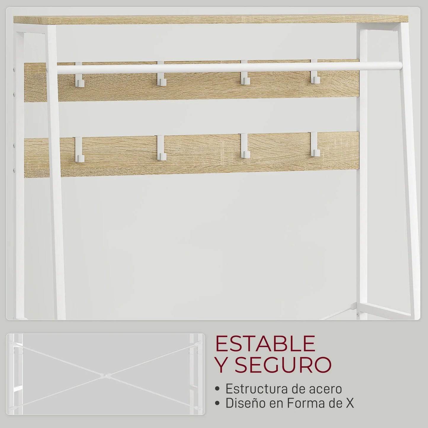HOMCOM Garderobe mit Schuhregal – Eingangsbereich Garderobe mit Schuhregal, 8 Haken, 2 Stoffschubladen, Maschenregal im industriellen Stil für hängende Kleidung – Flur, Schlafzimmer, Wohnzimmer 80x30x180,5 cm Natur
