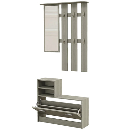 HOMCOM 4-in-1 Flurmöbel Set mit Garderobe, Spiegel, Sitzbank mit Regal und Schuhregal für 8 Paar Schuhe, Grau