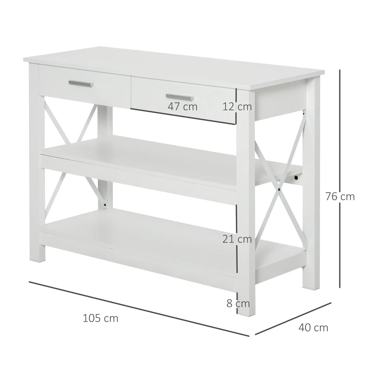 HOMCOM Konsolentisch Flurtisch mit 2 Schubladen und unteren Regalen Moderner Stil Metallrahmen 105x40x76 cm Weiß