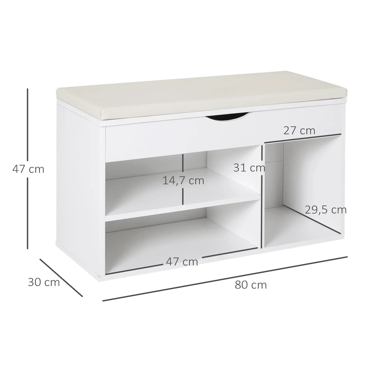 HOMCOM Schuhbank mit Sitzplatz – Moderne Schuhaufbewahrung für den Eingangsbereich mit Schublade, offenen Regalen und 1 Kissen für Flur 80x30x47cm