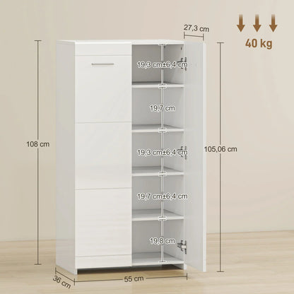 HOMCOM Schuhschrank, 2-türig, 5 Ablagen, verstellbare Einlegeböden, fasst 10 Paar, Hochglanzweiß, 55 x 36 x 108 cm