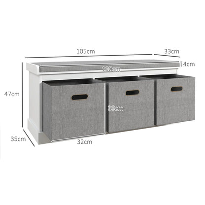 HOMCOM Schuhbank für den Eingangsbereich mit 3 Schubladen, Schuhaufbewahrungsbank mit Holz- und Stoffbezug, Schuhregal für 3 Paar Schuhe, Wohnzimmer und Flur, 105x35x47 cm, Weiß