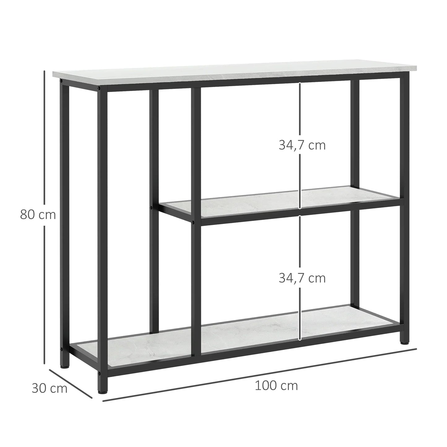 HOMCOM Konsolentisch, Flurtisch mit 3 Regalen, 100 x 30 x 80 cm, Beistelltisch, kleiner Präsentationstisch für schmale Räume, Flur, Diele, Wohnzimmer, Schlafzimmer, Weiß