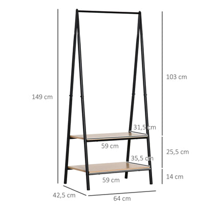 HOMCOM Kleiderständer mit Schuhablage, Wäscheablage, Metall + Holz Schwarz + Natur 64 x 42,5 x 149 cm