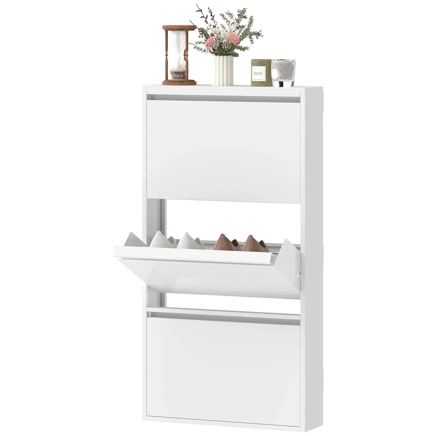 HOMCOM Metall-Schuhschrank mit 3 Klappen — schlanker wandmontierter Schuhschrank für 6 Paar, 55 x 15 x 105,5 cm, Weiß
