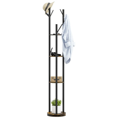 HOMCOM Drehbarer Freistehender Kleiderständer mit 8 Haken und 4 Regalen, Industrieller Kleiderständer für Eingangsbereich und Schlafzimmer, Ø30x175cm, Rustik Braun