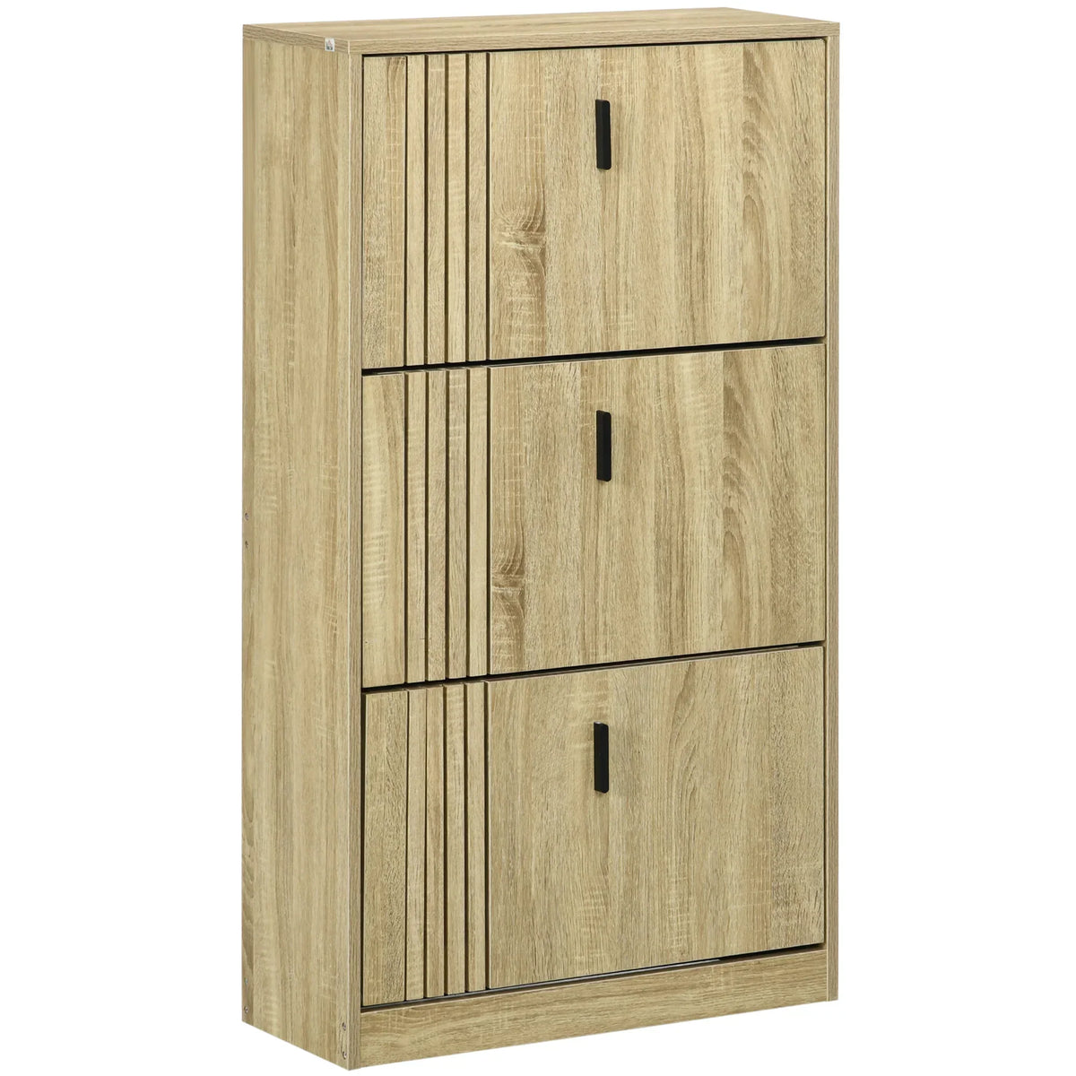 HOMCOM Schuhschrank mit 3 Klappen, für 18 Paar, 3-Fächer Schuhschrank, große Kapazität für Eingangsbereich, Flur, Wohnzimmer, 63 x 24 x 117 cm, Eiche