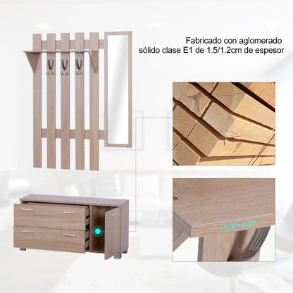 HOMCOM Flurset mit Spiegel, Garderobe und Schuhschrank – Eingangsmöbel mit 3 Haken, Ablage und 2 Schubladen für Flur Eiche