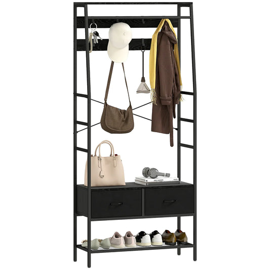 HOMCOM Appendiabiti, Asta Appendiabiti con Scarpiera, 2 Cassetti in Tessuto, Appendiabiti con 8 Ganci, Scaffale, Appendiabiti con Antiribaltamento, per Ingresso, Corridoio, Camera da Letto, Nero