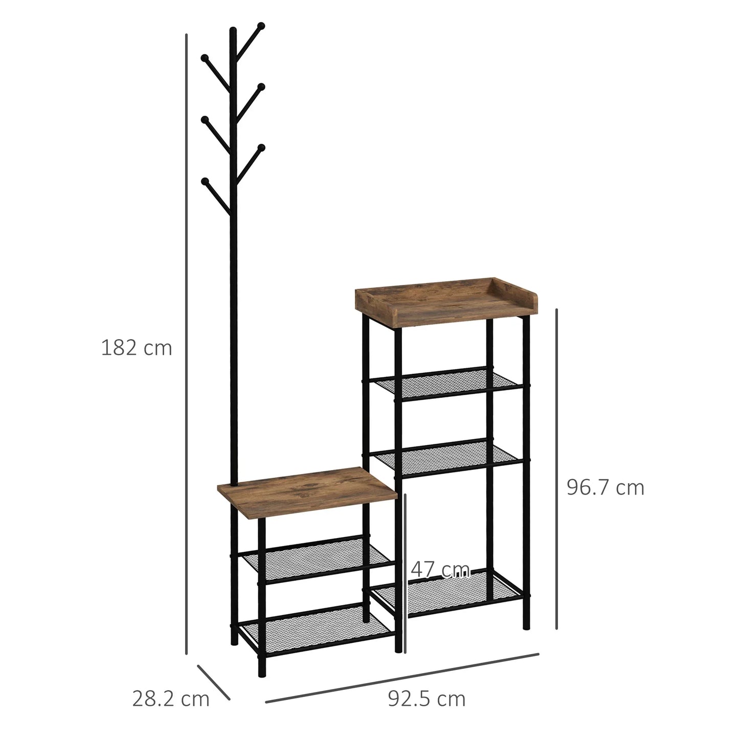 HOMCOM Garderobenständer mit Schuhregal und 5 Regalen - Garderobenständer mit 6 Haken zum Aufhängen von Taschen und Kleidung im Industrie-Design 92,5x28,2x182 cm Rustikal Braun
