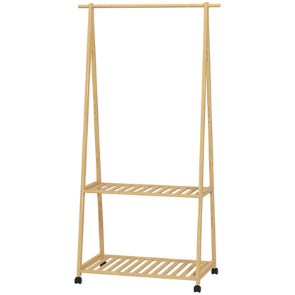 HOMCOM Bambus Kleiderständer mit Rollen, 2 offenen Regalen und 2 Haken, Kleiderständer für Eingangsbereich, Flur, Schlafzimmer 84,5x43,5x158 cm Natur