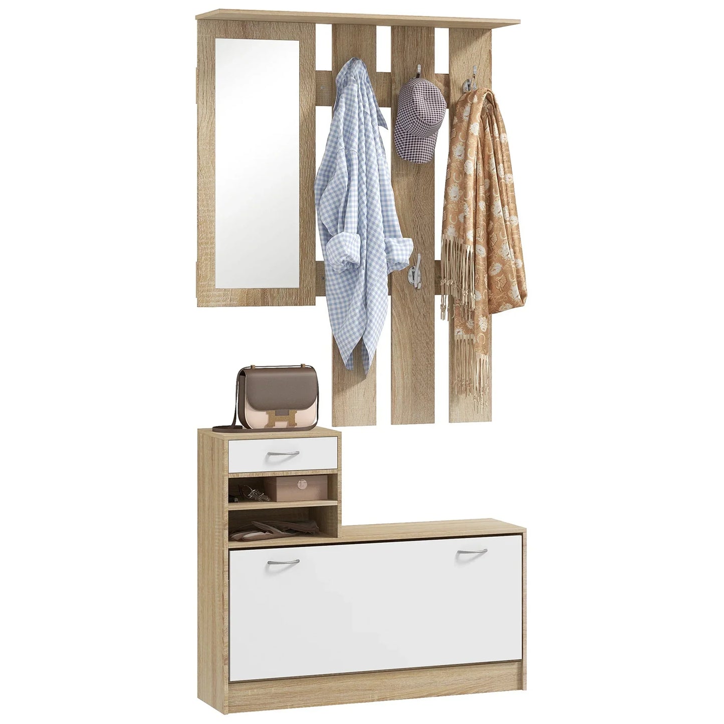 HOMCOM Flur Organizer mit Spiegel, Garderobe und Schuhschrank - 2-teiliges Möbelset für den Eingangsbereich mit 6 Haken, Regalen und Klappen-Schublade für einen natürlichen Flur
