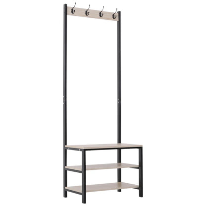 HOMCOM Garderobenständer mit Bank und Metall Schuhregal mit 3 Regalen und 4 Haken zum Aufhängen von Kleidung für Flur/Diele 60x40x175 cm Schwarz und Natur