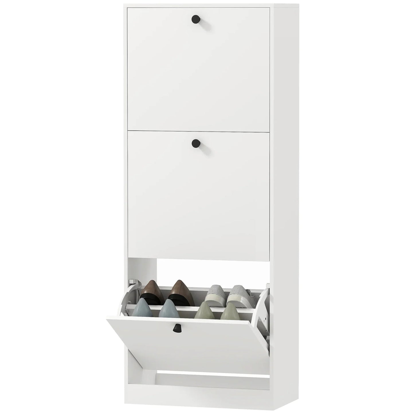 HOMCOM Schuhschrank mit 3 Klappen, Schuhregal mit verstellbarem Fach, schmaler Schuhschrank für 12 Paar Schuhe 47 x 26 x 120 cm, Weiß