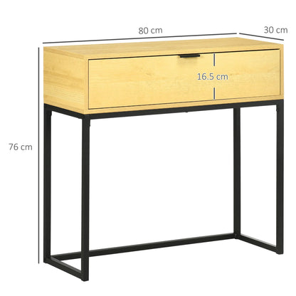 HOMCOM Konsolentisch mit Schublade Moderner Beistelltisch mit Stahlbeinen für Flur, Wohnzimmer, Schlafzimmer 80x30x76 cm Natur