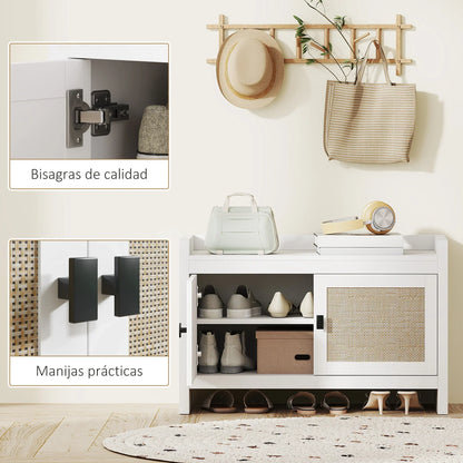 HOMCOM Bohemian Schuhbank mit Rattan-Fronttüren, Abnehmbares Regal für 8 Paar Schuhe für Flur und Schlafzimmer 80x35x52 cm Weiß