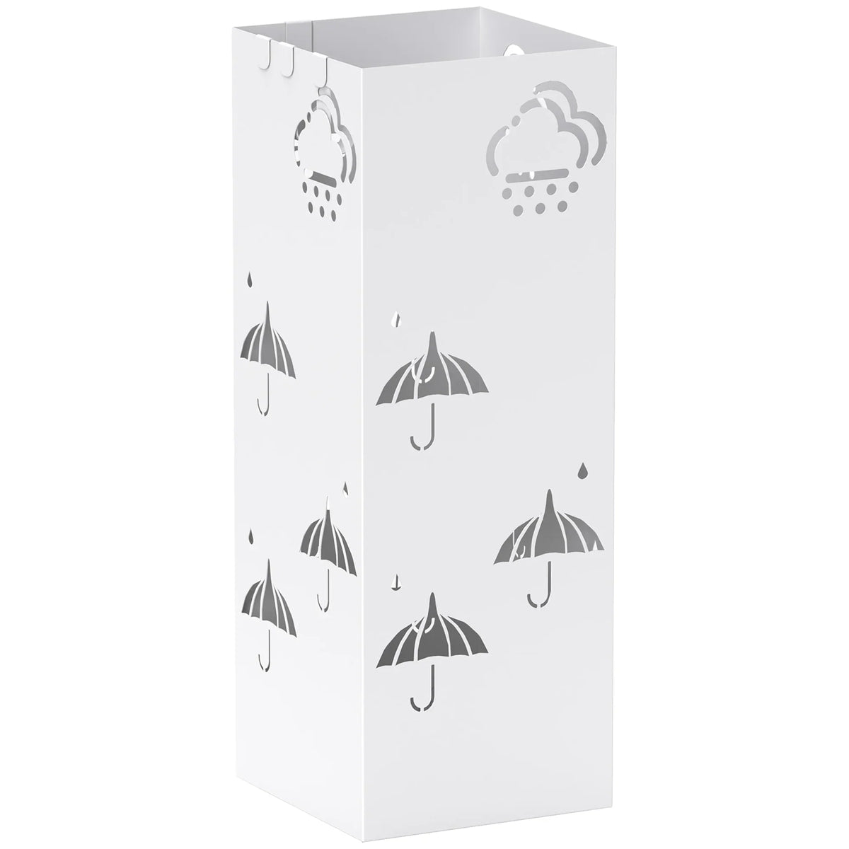 HOMCOM Regenschirmständer aus Stahl mit 4 Haken und abnehmbarem Tropfbehälter – Weißer Regenschirmhalter für Flur und Büro 15,5x15,5x41 cm