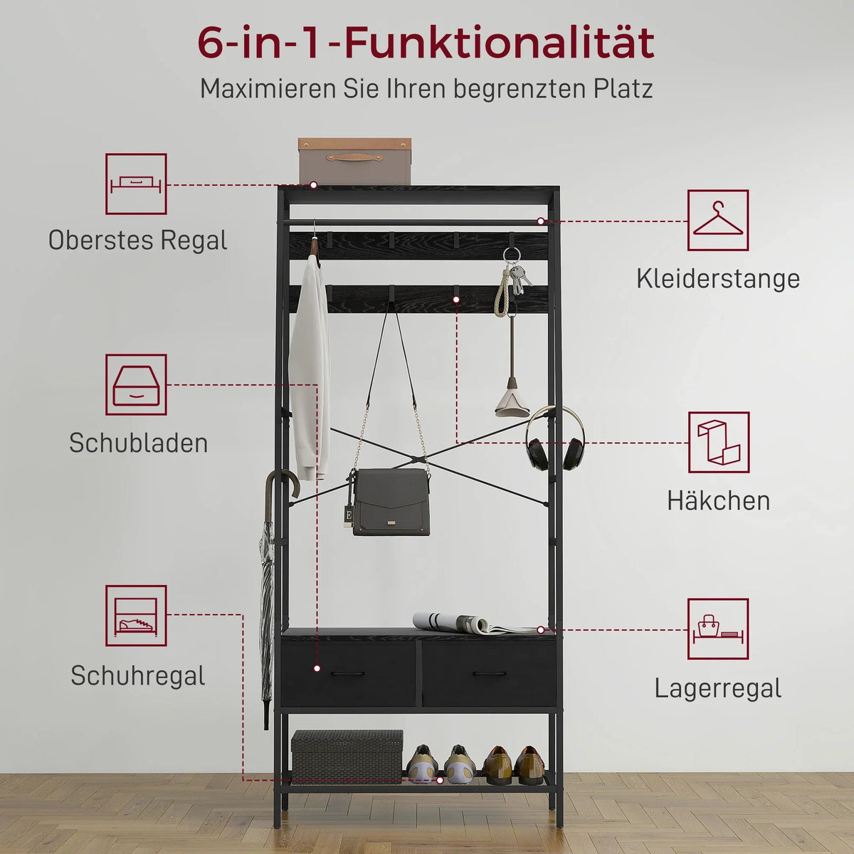 HOMCOM Garderobenständer, Kleiderstange mit Schuhregal, 2 Stoffschubladen, Garderobe mit 8 Haken, Regal, Garderobenständer mit Kippschutz, für Eingangsbereich, Flur, Schlafzimmer, Schwarz